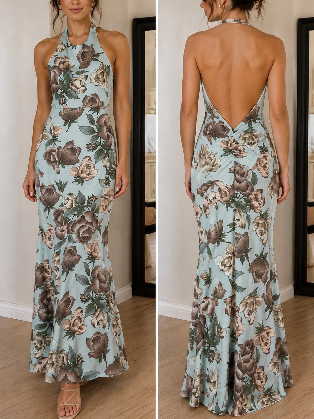 LATISTE by AMT Floral Halter Maxi Dress 🩵🤎